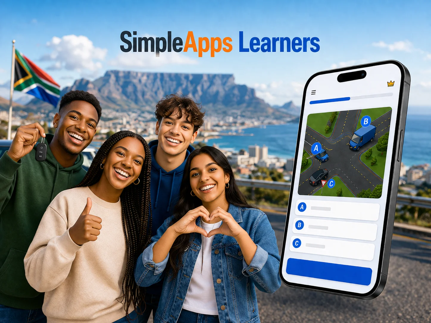 South African learners practising randomised CLLT-style multiple-choice questions on the SimpleApps Learners app, shown on a phone with icons for road rules, signs and vehicle controls